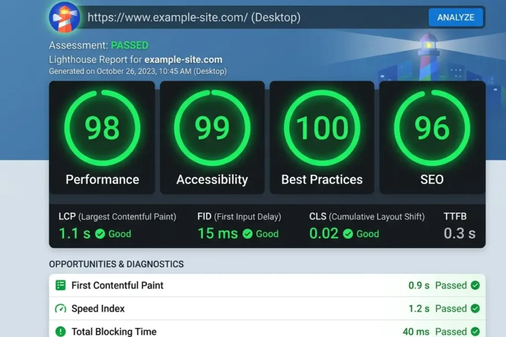 Frontend development performance optimization showing Core Web Vitals scores in Google PageSpeed Insights