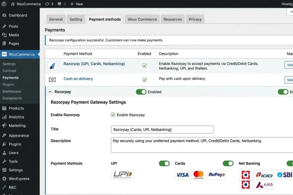 WooCommerce Razorpay plugin setup for Indian ecommerce store showing UPI net banking and card payment options enabled