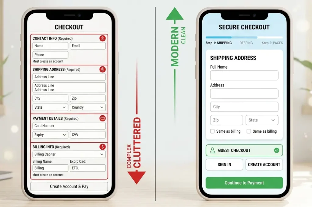 Shopping website development showing friction-free mobile checkout versus cluttered ecommerce checkout