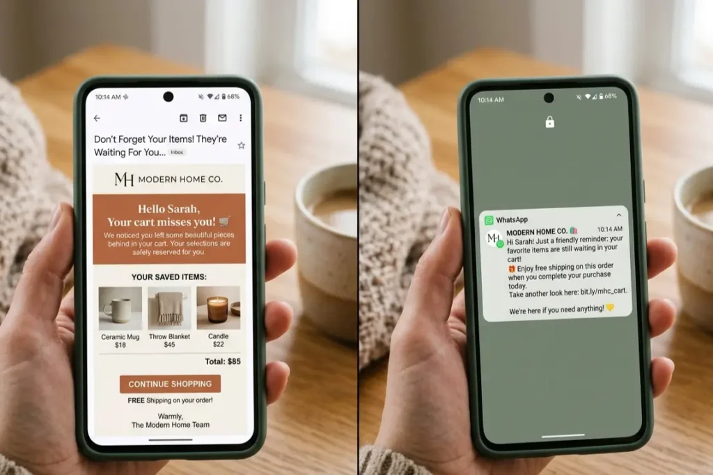 D2C ecommerce cart abandonment recovery email and WhatsApp flow example India mobile 