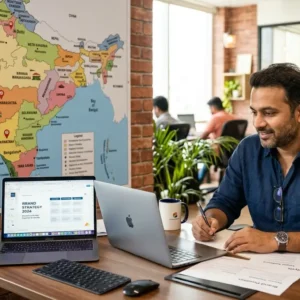 Indian business founder reviewing rebranding strategy document on laptop at desk
