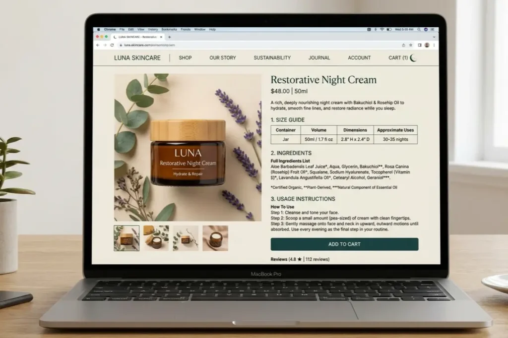 D2C product page showing detailed size guide and ingredient breakdown for Indian ecommerce store 