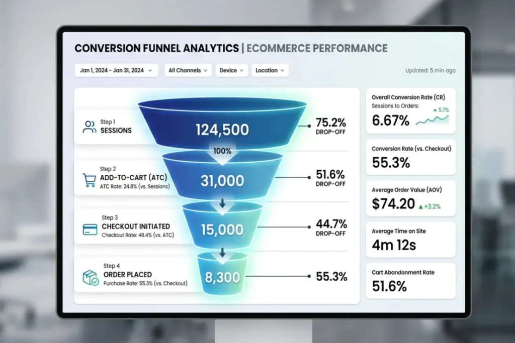 ecommerce conversion funnel metrics india D2C brand dashboard mobile checkout steps